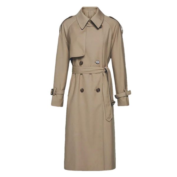 Women's Windbreaker With Belt Solid Jackets Long Trench Coat Lapel Double Breasted Coat
