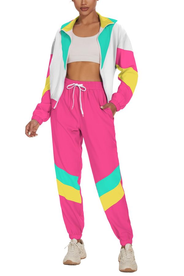Women's Color Block 2 Piece 80s 90s Outfits Long Sleeve Windbreaker Jacket Tracksuit Set