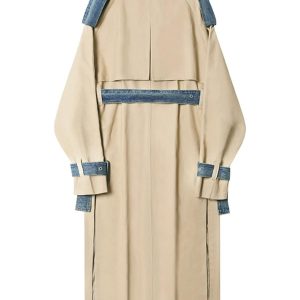 Women's Trench Coat Denim Stitching Lapel Double Breasted Bandage Loose Windbreaker Spring Jacket