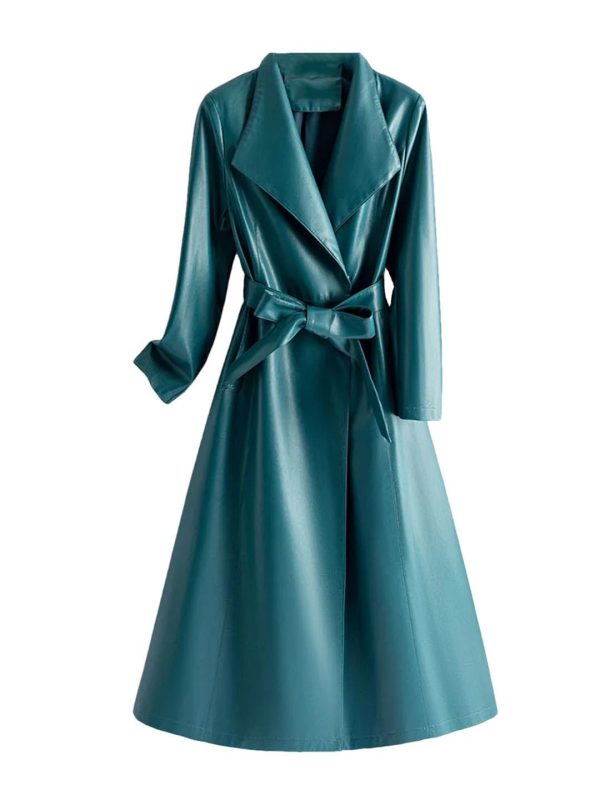 51DJH2PYbPL.jpg Women Leather Long Trench Coat For Turn Down Collar Sheepskin Jacket With Belt Windbreaker