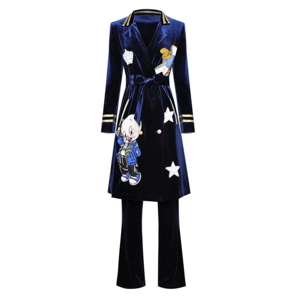 Women Long Sleeve Cartoon Embroidery Windbreaker Coat Trousers fleece Two-Piece Set