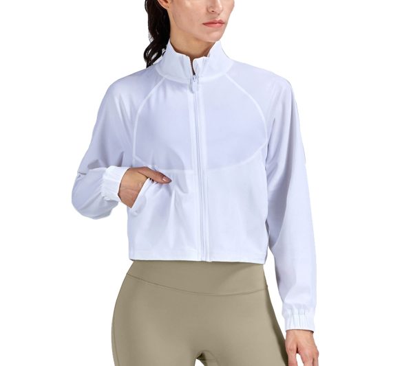 51PlZb6kDeL.jpg Women's Athletic Running Yoga Gym Track Zip Up Cropped Jackets UPF 50+ Sun Protection Long Sleeve Workout Shirts