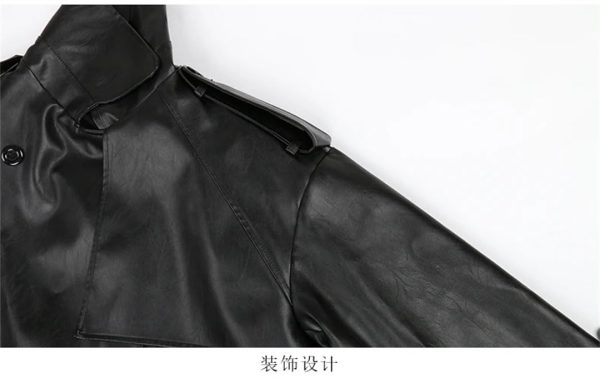 Women Long Leather Trench Coat For Belt Double Breasted Loose Windbreaker