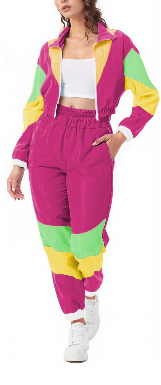 Women's Color Block 2 Piece 80s 90s Windbreaker Outfits Long Sleeve Zip Front Crop Top Tracksuit Set