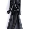 51awI6SODiL.jpg Women Leather Long Trench Coat For Turn Down Collar Sheepskin Jacket With Belt Windbreaker