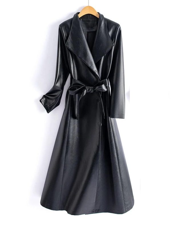 51awI6SODiL.jpg Women Leather Long Trench Coat For Turn Down Collar Sheepskin Jacket With Belt Windbreaker