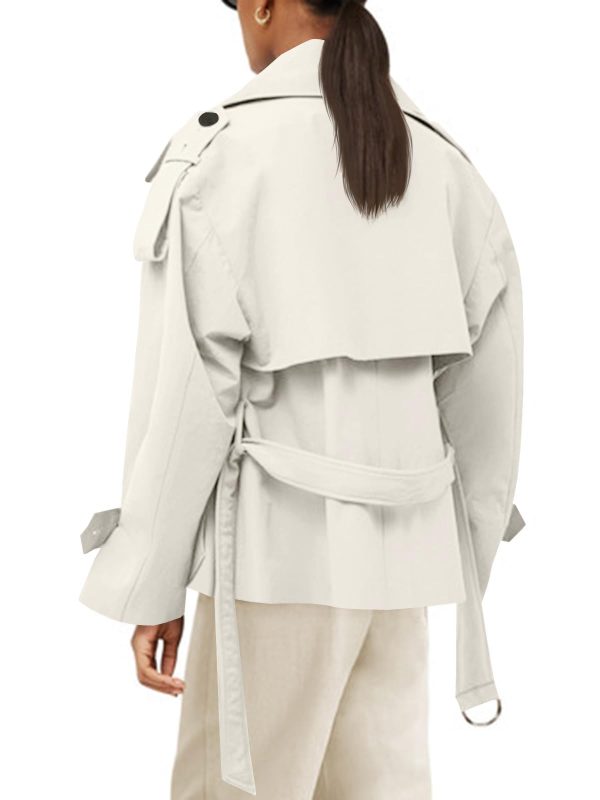 Womens Cropped Trench Coat Casual Double Breasted Short Jacket Fall Fashion Outerwear with Belt