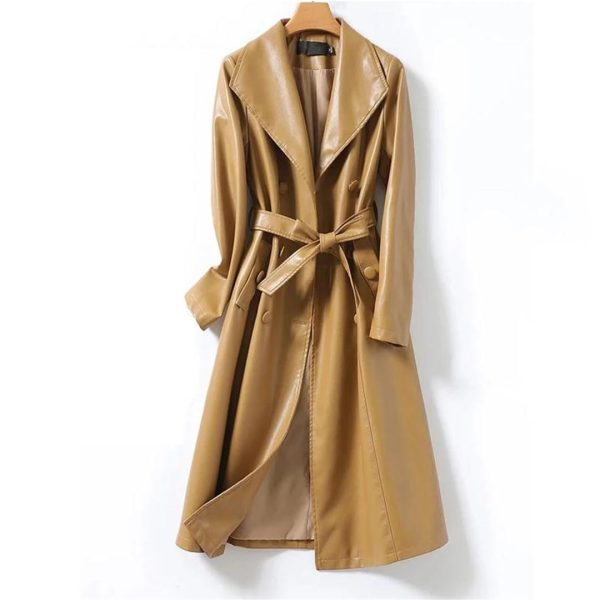Women Sheepskin Trench Coats Midi Length Leather Outwear Double Breasted Lace-Up Windbreaker