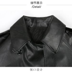 51wZ8GdGKML.jpg Women Long Leather Trench Coat For Belt Double Breasted Loose Windbreaker