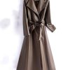 61-9V5gQhIL.jpg Women Leather Long Trench Coat For Turn Down Collar Sheepskin Jacket With Belt Windbreaker