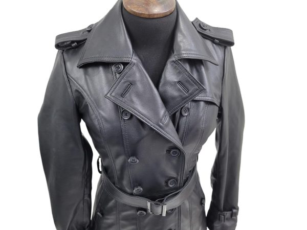 Women Designer Black Trench Leather Long Coat with Belt Trench Coat Slim Fit Style for Ladies