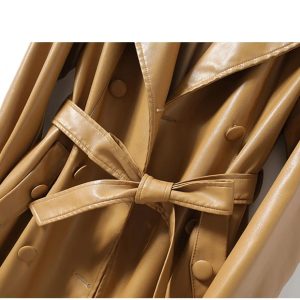 Women Sheepskin Trench Coats Midi Length Leather Outwear Double Breasted Lace-Up Windbreaker