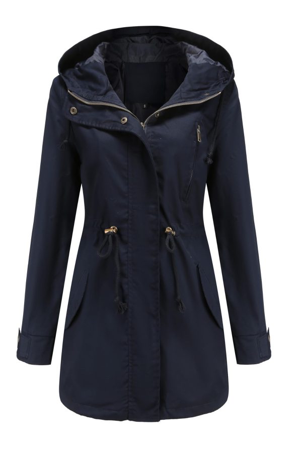 Women Trench Coat Windbreaker Zip Up Jacket With Pockets Casual Long Sleeve Outwear with Waist Drawstring