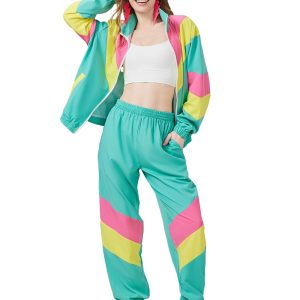80s Tracksuit for Women Retro Windbreaker Outfit 90s Color Block Sportswear Set with Jacket Sweatpants