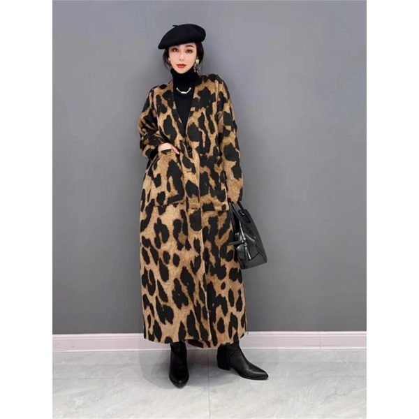 6175fuGFZ8L.jpg Women Leopard Long Coats And Jackets V-Neck Single Breasted Winter Trench Coat Loose Windbreaker Outerwear