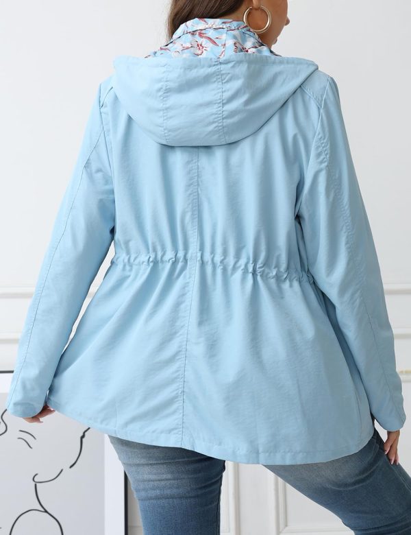 Women's Casual Reversible Coat Plus Size Floral Print Windbreaker Lightweight Jacket with Hood