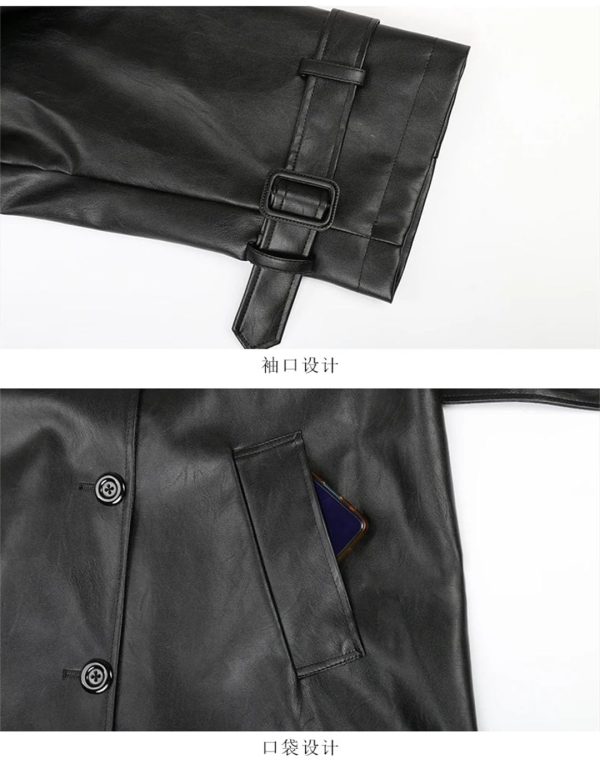 Women Long Leather Trench Coat For Belt Double Breasted Loose Windbreaker