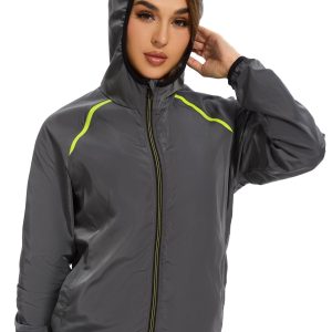 Women Rain Jacket with Hood Zipper Rain Coat Long Sleeves Raincoat Stylish Rain Suit Top Outdoor Travel Coat