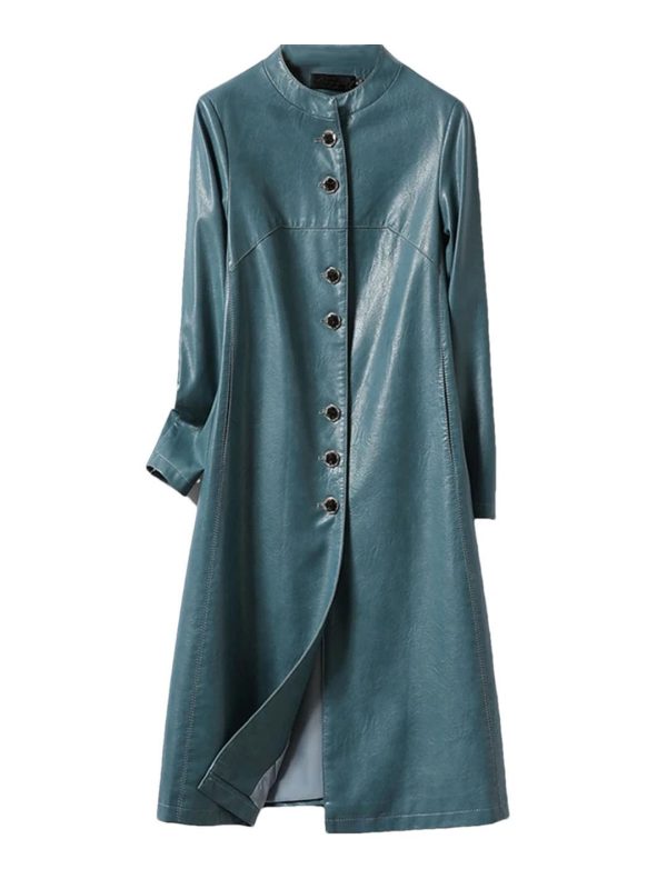 Women Sheepskin O-Neck Single-Breasted Leather Coats Mid Length Outwear Windbreaker