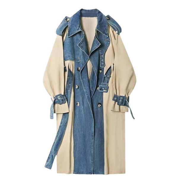 Women's Trench Coat Denim Stitching Lapel Double Breasted Bandage Loose Windbreaker Spring Jacket