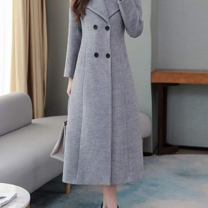 Women's Chic Shawl Collar Work Double Breasted Maxi Long Wool Pea Coat