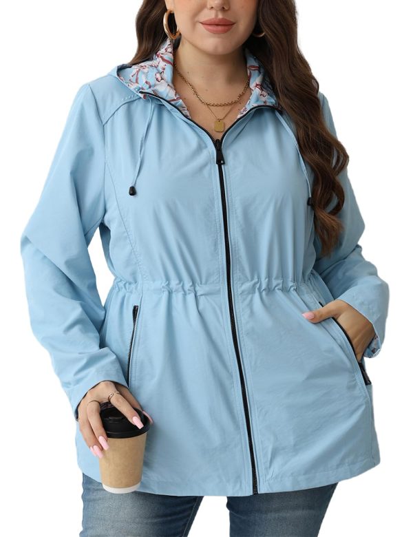 Women's Casual Reversible Coat Plus Size Floral Print Windbreaker Lightweight Jacket with Hood