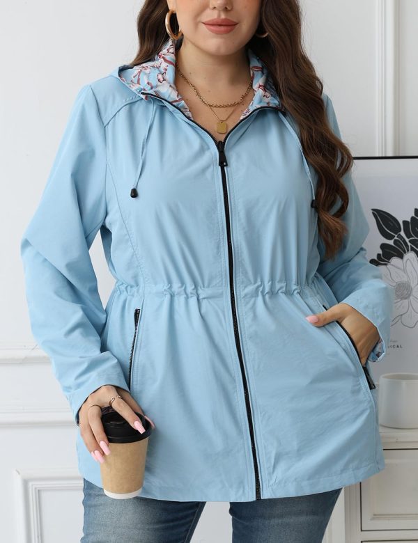 Women's Casual Reversible Coat Plus Size Floral Print Windbreaker Lightweight Jacket with Hood