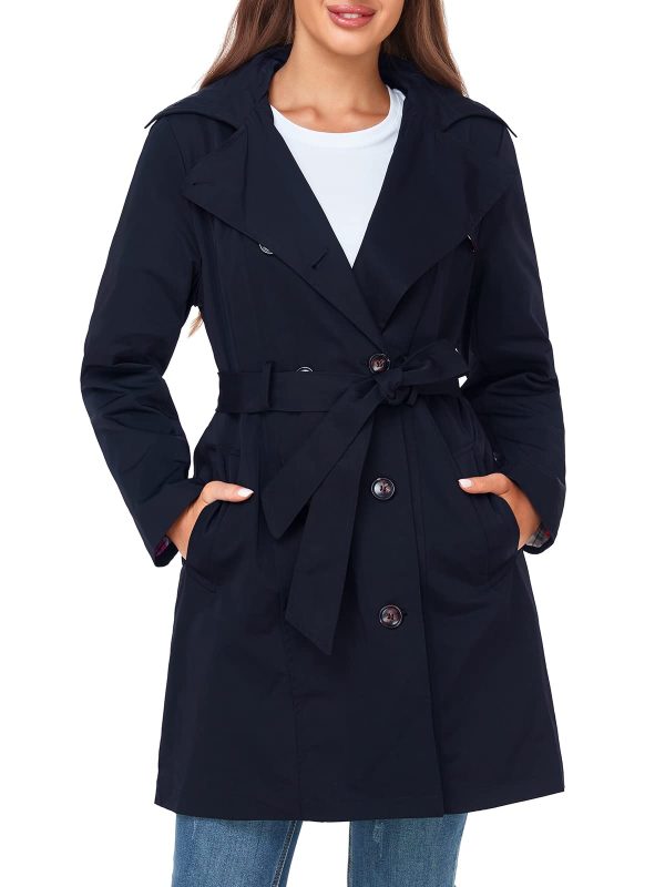 Women's Water-Resistant Trench Coat Double-Breasted Long Peacoat with Removable Hood