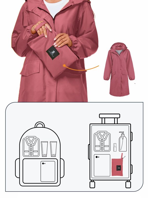 Women's Long Rain Jacket Waterproof Lightweight Hooded Raincoat Packable Knee Length Rain coat