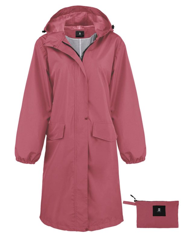 Women's Long Rain Jacket Waterproof Lightweight Hooded Raincoat Packable Knee Length Rain coat