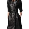 Women Designer Black Trench Leather Long Coat with Belt Trench Coat Slim Fit Style for Ladies