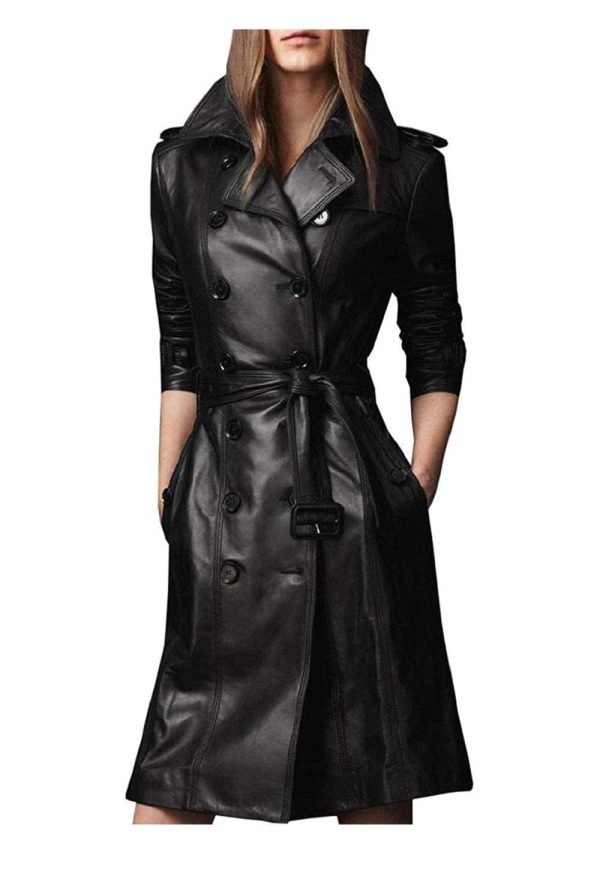 Women Designer Black Trench Leather Long Coat with Belt Trench Coat Slim Fit Style for Ladies