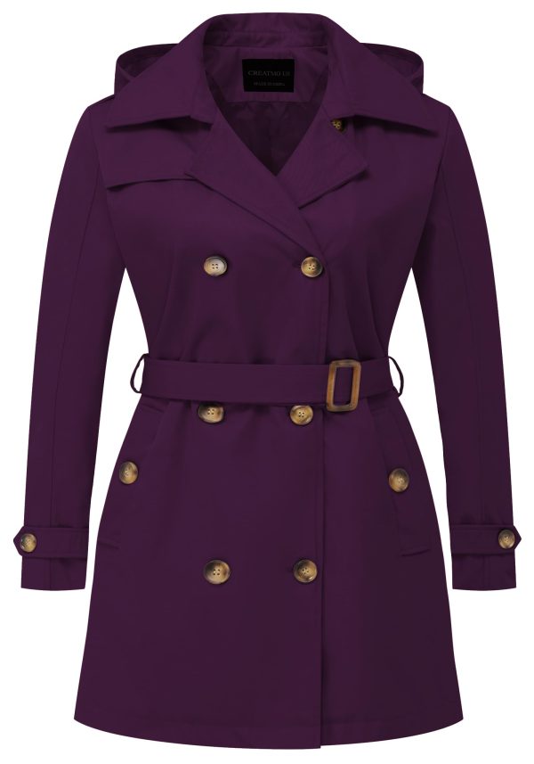 Women's Plus Size Trench Coat Double-Breasted Classic Lapel Overcoat Belted Outerwear Coat with Detachable Hood
