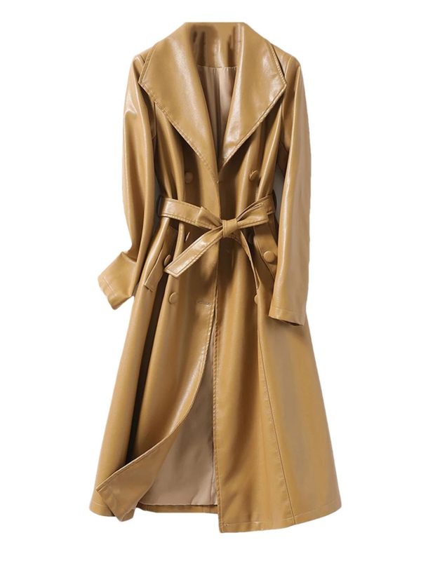 Women Sheepskin Trench Coats Midi Length Leather Outwear Double Breasted Lace-Up Windbreaker