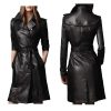 Women Designer Black Trench Leather Long Coat with Belt Trench Coat Slim Fit Style for Ladies