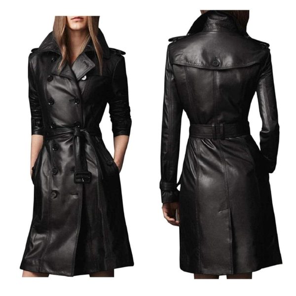 Women Designer Black Trench Leather Long Coat with Belt Trench Coat Slim Fit Style for Ladies