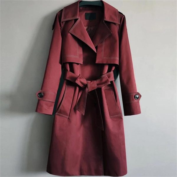 Women Elegant Long Trench Coat For Lapel Belted Coats And Jackets Office Windbreaker Outerwears