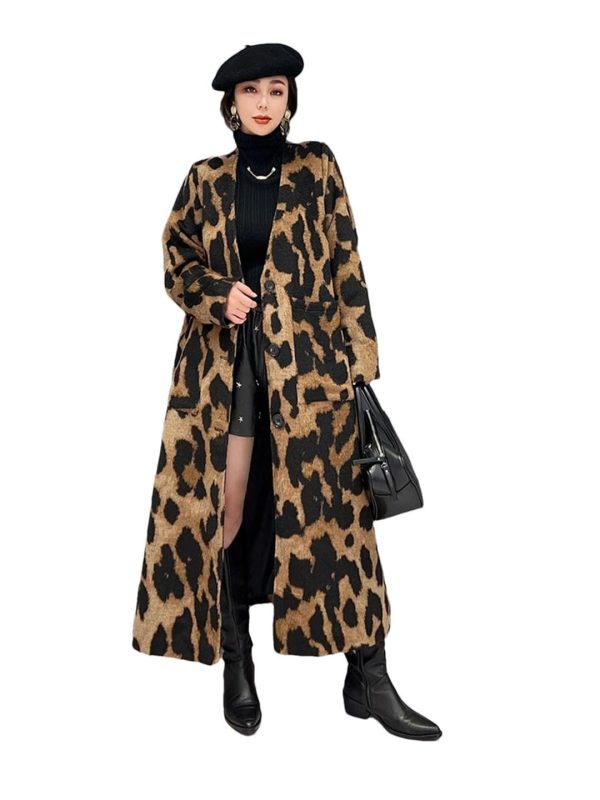 61adFkPxynL.jpg Women Leopard Long Coats And Jackets V-Neck Single Breasted Winter Trench Coat Loose Windbreaker Outerwear