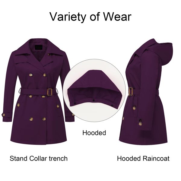 Women's Plus Size Trench Coat Double-Breasted Classic Lapel Overcoat Belted Outerwear Coat with Detachable Hood