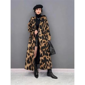 61bIPT5EN9L.jpg Women Leopard Long Coats And Jackets V-Neck Single Breasted Winter Trench Coat Loose Windbreaker Outerwear