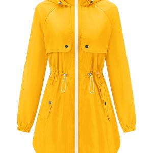 Women Waterproof Hiking Raincoat Outdoor Lined Rain Jacket Lightweight Hooded Jackets Trench Coats