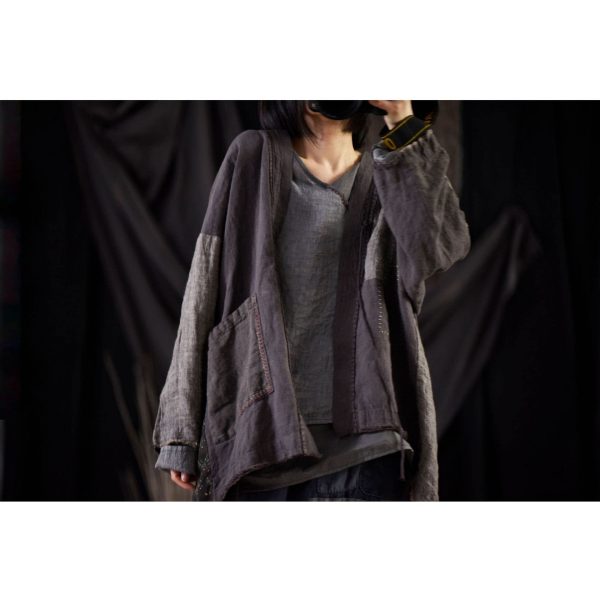 Fall Women Linen Trench Coat Lighweight Open Front Cardigan Patchwork Vintage Loose Windbreaker