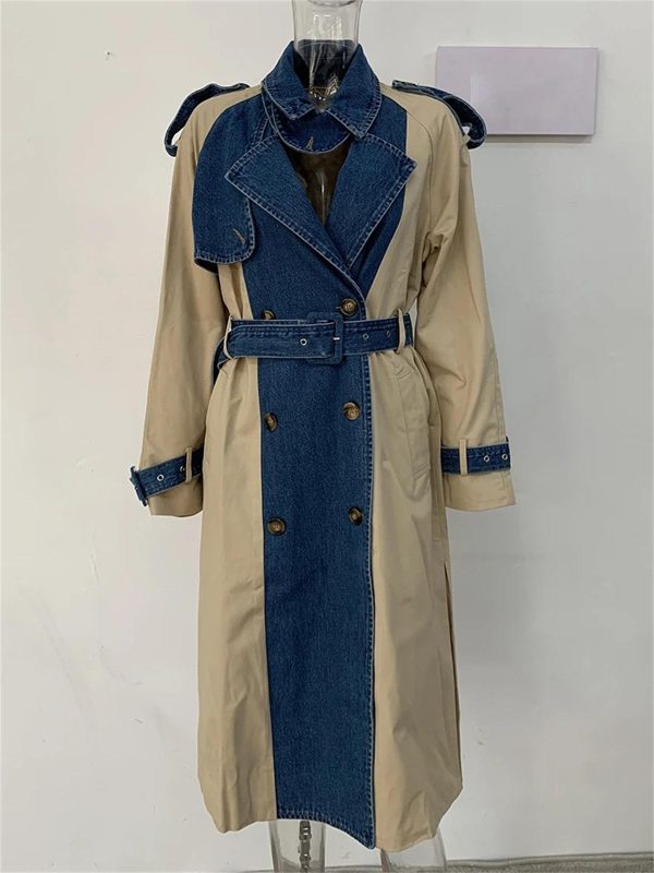 Women's Trench Coat Denim Stitching Lapel Double Breasted Bandage Loose Windbreaker Spring Jacket