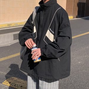 Y2k Jacket for Women Zip Up Bomber Jacket Y2k Clothing Racing Varsity Oversized Color Block Coat Unisex