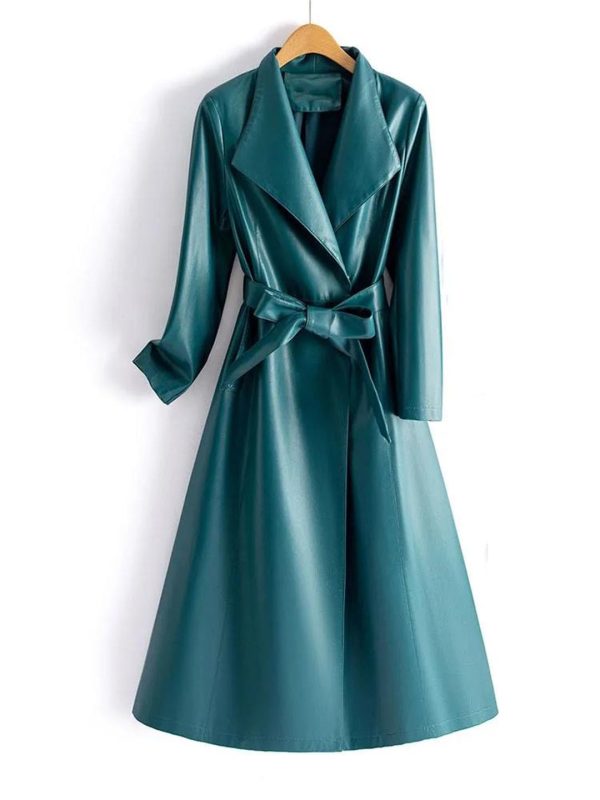 61oNTlrGNL.jpg Women Leather Long Trench Coat For Turn Down Collar Sheepskin Jacket With Belt Windbreaker