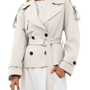 Womens Cropped Trench Coat Casual Double Breasted Short Jacket Fall Fashion Outerwear with Belt