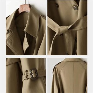 Women's Windbreaker With Belt Solid Jackets Long Trench Coat Lapel Double Breasted Coat