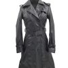 Women Designer Black Trench Leather Long Coat with Belt Trench Coat Slim Fit Style for Ladies