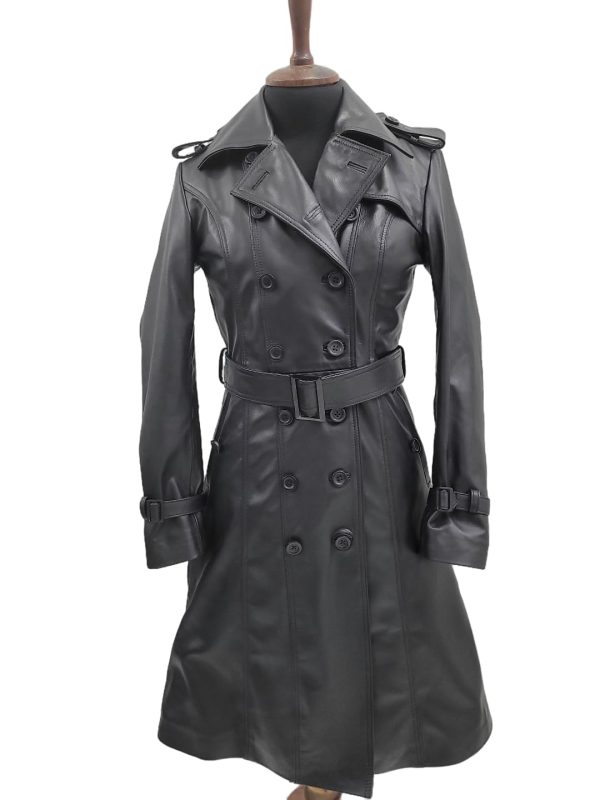 Women Designer Black Trench Leather Long Coat with Belt Trench Coat Slim Fit Style for Ladies