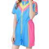80s Color Block One Piece Windbreaker Outfits for Women Neon Short Sleeve Zip Front Elastic Waist Jumpsuit